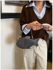 Cute fish shaped shoulder bag for women, Japanese style PU leather crossbody handbag grey.