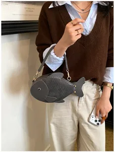 Creative gray PU leather fish shaped crossbody handbag, cute novelty shoulder bag for women.