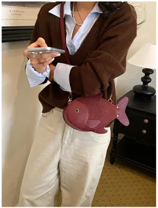 Cute fish shape PU leather crossbody bag for women, unique novelty shoulder bag, red color.