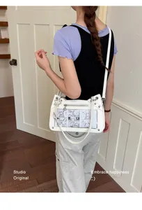 Modische japanische minimalistische weiße Umhängetasche mit Manga-Fenster für Damen.
