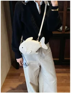 Creative white fish shaped crossbody bag for women, cute PU leather shoulder bag details.
