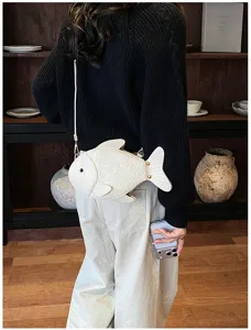 Creative white PU leather fish shaped crossbody bag cute novelty shoulder handbag for women