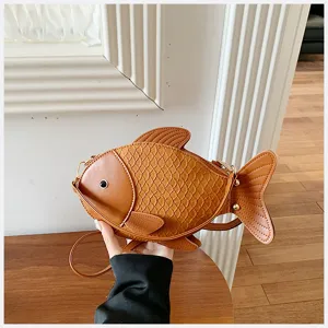 Cute fish-shaped PU leather crossbody bag, unique brown shoulder bag with fine details.