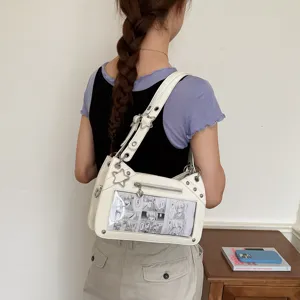 Japanische minimalistische weiße PU Leder Schulter Ita Tasche mit klarem Fenster Damen