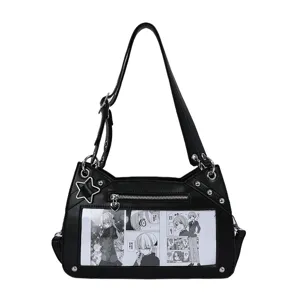 Schwarze PU-Leder Anime Ita Tasche mit Sichtfenster, Katzenohren und Schulterriemen.