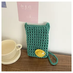 Handgemachte Häkel Handytasche Umhängetasche, Strick Handytasche mit gelber Blume für Damen Sommer.