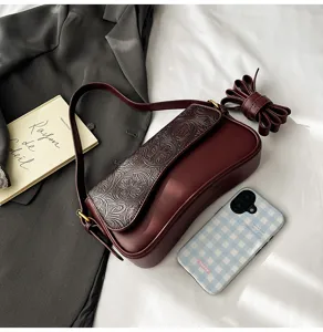 Burgundy retro embossed shoulder bag French style chic baguette bag elegant casual cross body bag