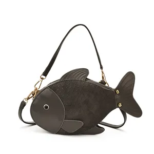 Creative grey fish-shaped PU leather crossbody bag, cute novelty shoulder handbag for women.