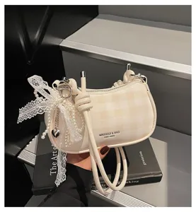 Koreaanse stijl ruitjes schoudertas voor dames, elegante tas met parel en strik.