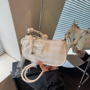 Zoete Koreaanse Geruite Okseltas Voor Dames PU Leder Kanten Strik Kunstparel Hanger Handtas Elegante Schoudertas