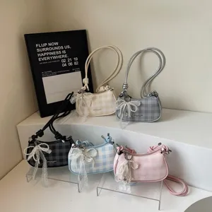 Koreaanse zoete ruitjes schoudertas voor dames trendy okseltas met parel strikjes chic