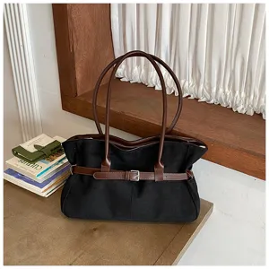Vintage canvas tote bag for women, large capacity shoulder bag, stylish commuter bag, brown.