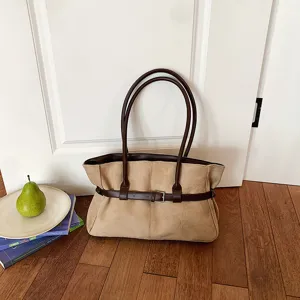 Vintage PU Leather Large Capacity Tote Bag For Women Casual Commuting Single Shoulder Bag Solid Color Zipper Handbag With Stitching Belt Buckle Details
