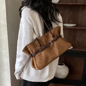 Retro brown suede tote bag for women, stylish large capacity commuter shoulder bag main view.