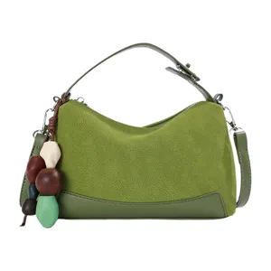 Green suede leather handbag stylish casual shoulder bag with unique bead pendant for women