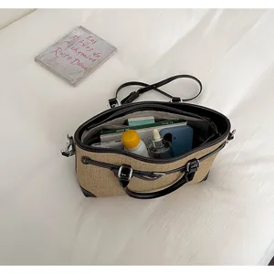 Chic straw canvas shoulder bag for women, summer minimalist commute tote handbag with handles.