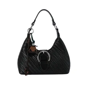Schicke schwarze gewebte Leder-Umhängetasche für Damen, modische Hobo-Tasche mit Metallschnalle.
