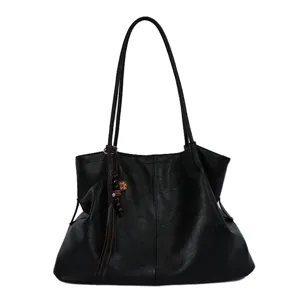Black large capacity shoulder bag retro casual tote bag for daily commute handbag