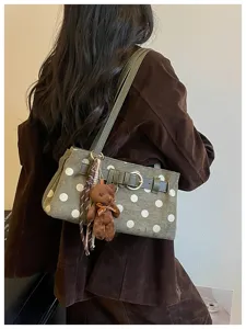 Sac à épaule baguette à pois chic style coréen pour femme avec adorable pendentif