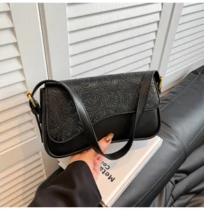 Black embossed shoulder bag for women, chic french style crossbody bag, stylish daily purse.