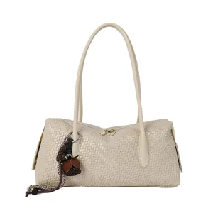 Elegante beige geweven baguette schoudertas voor dames, trendy minimalistische casual dagelijkse tas.