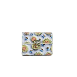 Short cartoon floral wallet for women, cute sunflower print card holder with metal lock.