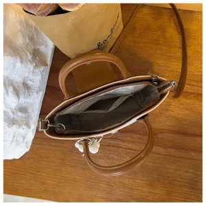 Detailed view of brown leather top handle dumpling bag with shoulder strap and zipper closure.