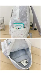 Vista detallada de una linda mochila escolar gris con patrón de estrellas para niñas, espacio.