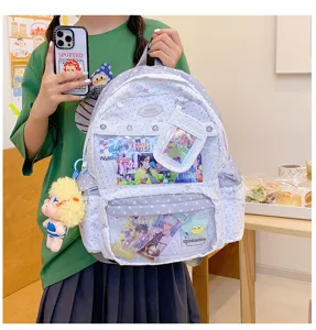 Mochila escolar elegante con motivo de estrellas para chicas, bolsillo transparente y capacidad.