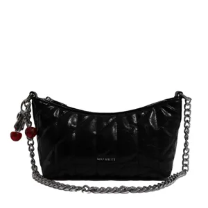 Black quilted shoulder bag with chain strap and red cherry charm for women fashion chic.