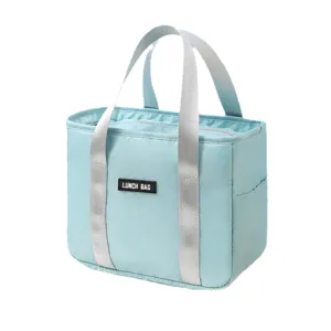 Light blue insulated lunch bag with grey handle portable thermal food bento bag for office school