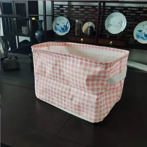 Boîte de rangement en tissu à carreaux rose et blanc pliable pour jouets maison corbeille.