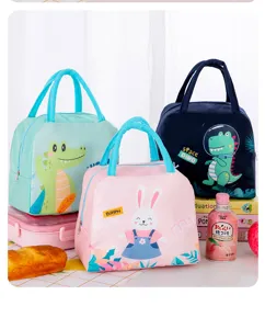 Detailed view of cute cartoon insulated lunch bag featuring adorable animal prints and durable handles.