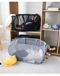 Foldable mesh laundry basket for bathroom clothing storage portable collapsible hamper bin.