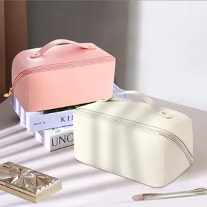 Large capacity PU leather cosmetic bag travel makeup storage organizer main display.