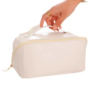 Large capacity PU leather cosmetic bag portable makeup organizer travel toiletry pouch.