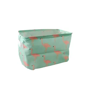 Panier de rangement en tissu vert menthe pliable avec motif flamant rose pour la maison.