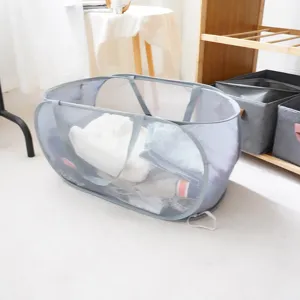 Foldable mesh laundry basket for bathroom, portable dirty clothes storage hamper large capacity.