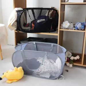 Portable foldable mesh laundry hamper, breathable pop-up clothes storage basket for home.