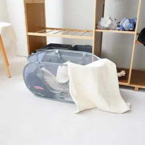 Foldable mesh laundry basket for bathroom, portable dirty clothes storage hamper large capacity.