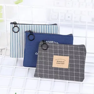 Cotton linen coin purse mini wallet striped plaid zipper card holder pouch for daily use.