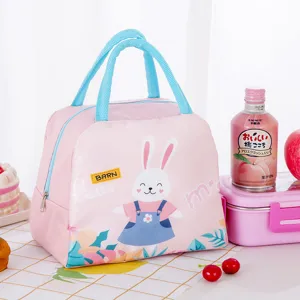 Cute cartoon lunch bag insulated bento bag with cute bunny print pink portable meal storage.