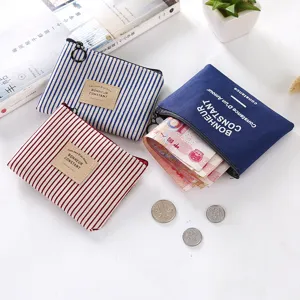 Korean style striped coin purse canvas mini wallet card holder zipper pocket for women men