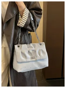 Sac porté épaule froncé bleu clair pour femme, sac à main tendance avec imprimé.