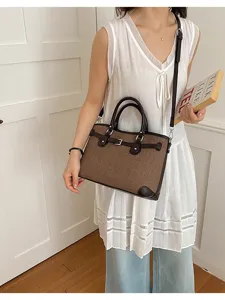 Korean style brown fabric shoulder handbag for women, chic casual tote bag with adjustable strap.