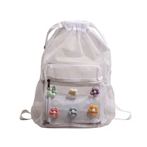 Korean style white mesh drawstring backpack with colorful crochet flowers for campus daily use