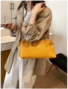 Elegante bolso de hombro tejido amarillo para mujer, bolso de axila elegante con lazos.