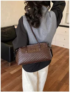 Elegante bolso de hombro de cuero trenzado marrón oscuro para mujer, bolso informal.