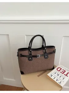 Stylish women canvas shoulder bag brown commuter tote handbag with leather trim details