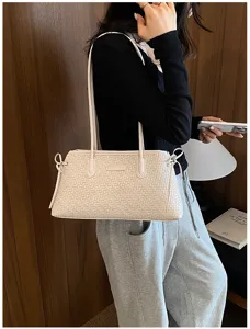 Chic bolso de hombro trenzado para mujer, elegante bolso casual con detalles de lazos laterales.